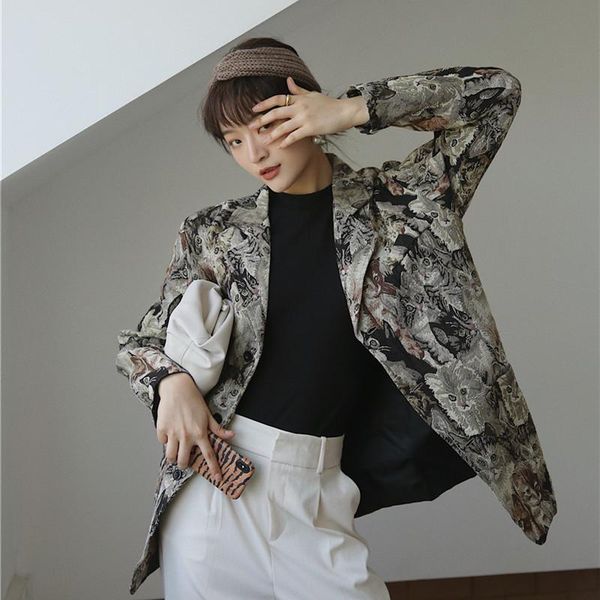 

women's suits & blazers retro japanese loose casual cat print blazer jacket women 2021 spring and autumn coat, White;black