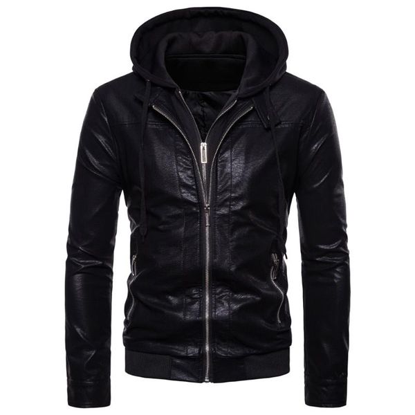 

men's fur & faux double zipper design winter hooded leather clothes jacket fashion brand man slim fit eu/us large size, Black