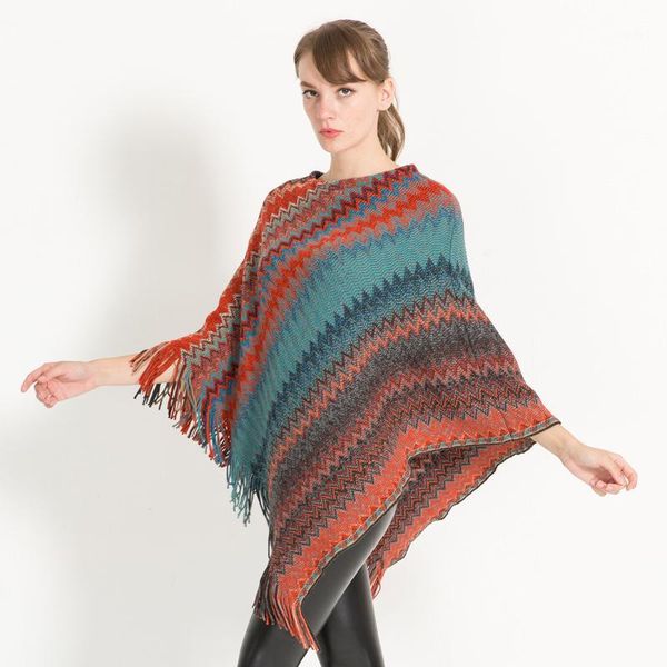 

scarves lady's colourful striped scarf in winter color contrast thickening poncho autumn women's tassels warm shawl1, Blue;gray
