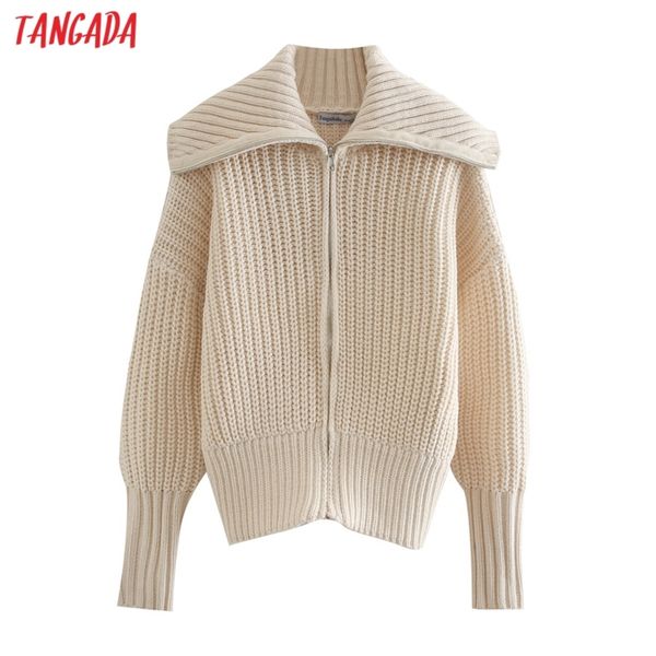 

tangada women beige thick jumper zipper 2020 autumn winter oversized knitted cardigan coat 3n16, Tan;black