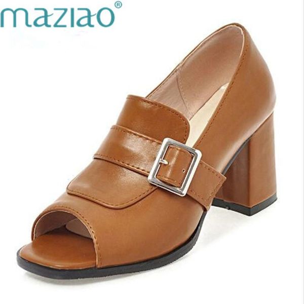 

maziao spring peep toe oxford shoes thick heel buckle leisure loafer shoes slip on shallow mouth classic women size34-45, Black