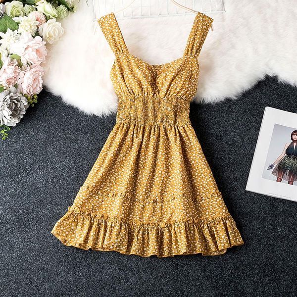 

elegant summer yellow cotton dress women pleated high waist slim vestidos for woman 2021 stylish print ruffle hem flower women dresses, Black;gray