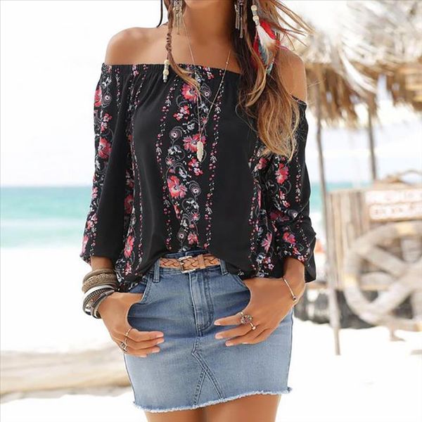 

women off shoulder floral shirt casual blouse lady blouse summer long sleeve shirt harajuku blusa feminina hy, White