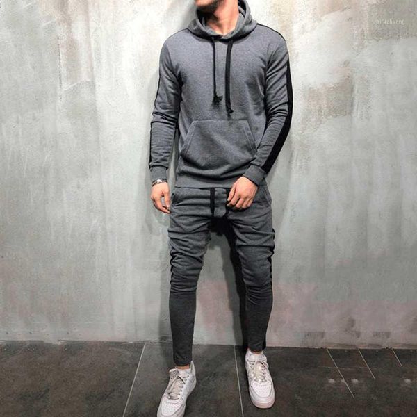 

2 pieces sets tracksuit men brand autumn winter hooded sweatshirt +drawstring pants male stripe patchwork hoodies chandal hombre1, Gray
