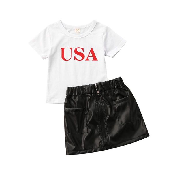 

new toddler baby girl summer skirt outfits usa letter print short sleeve t-shirt + zipper pu mini skirt dress 1-5 years, White