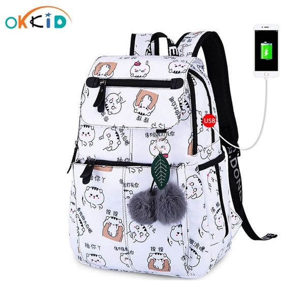 

okkid school bags for girls female lapbackpack usb backbag children backpacks cute cat school backpack for girls bag pack lj201225
