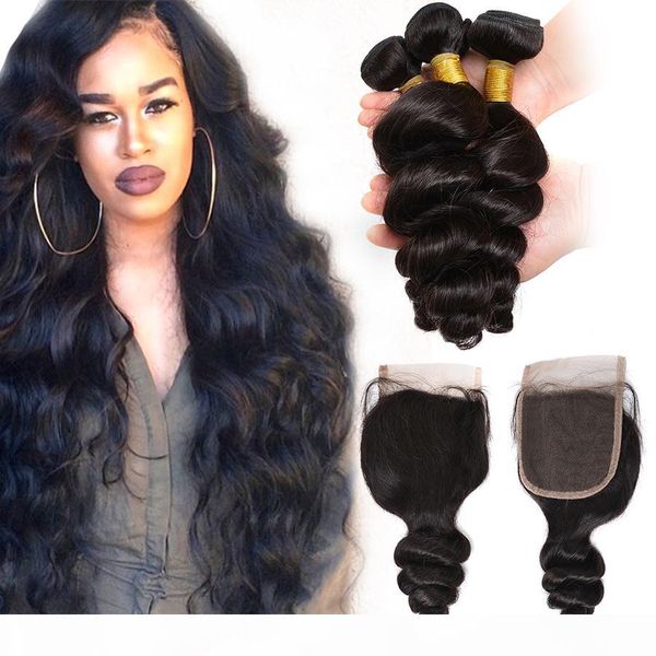 

brazilian malaysian peruvian virgin hair weaves 3 bundles with lace closure loose wave curly 8a indian cambodian remy human hair closures, Black;brown