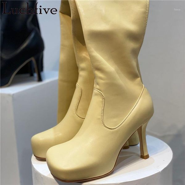 

boots big square toe women runway over the knee thin high heels femme black platform shoes woman1