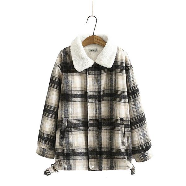 

women's faux cashmere parker coat autumn winter korean plus size fleece qui stitched plaid loose coat female outerwear, Black