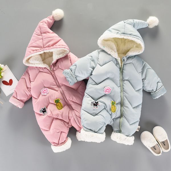 

30 cartoon baby girl clothes winter warm hooded rompers thicken cotton newborn jumpsuit overalls snowsuit children boy clothing 1029, Blue;gray