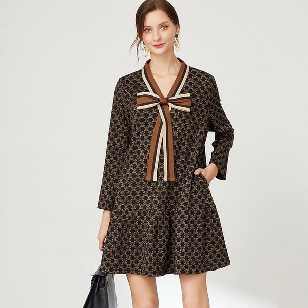 

2959# jry new spring women european fashion style dresses bow collar long sleeve retro printing loose casual dress with pockets coffee l-xxx, Black;gray