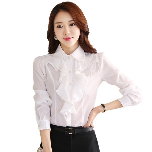 

2021 summer new chiffon ruffles women blouse solid long-sleeved office lady elegant shirts outwear coat, White