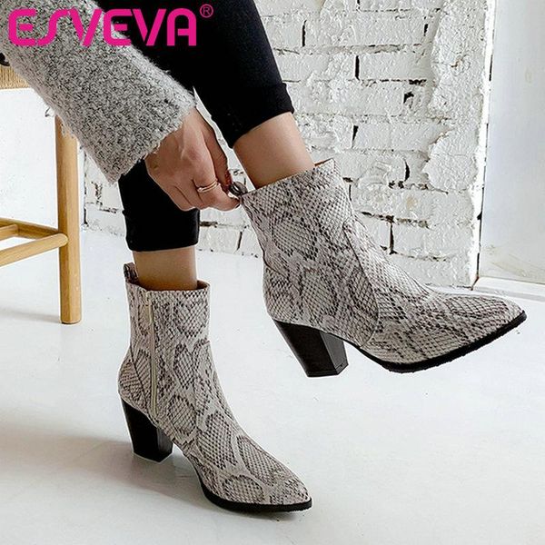 

boots esveva 2021 women shoes winter ankle square high heel pu leather western snakeskin motorcycle platform boot size 34-43, Black