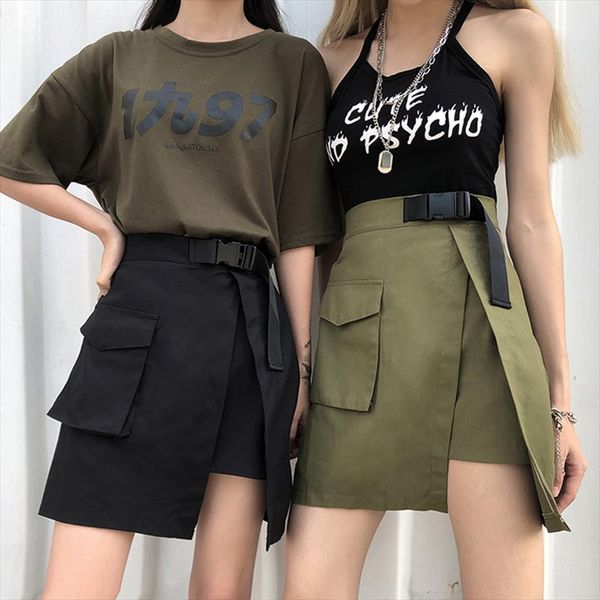 

exclusive high street skirt women 2019 summer high waist pocket tooling skirt fashion vintage split thin a line, Black