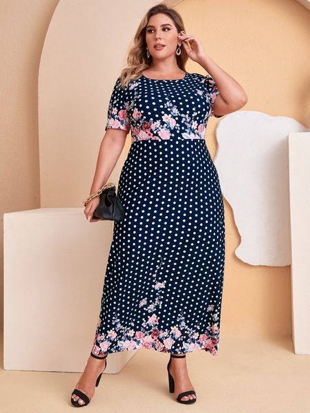

plus polka dot & floral print dress a0ky#, Black