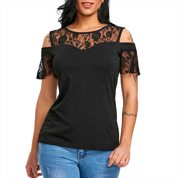 

2020 women lace cold shoulder blouses summer casual loose short sleeve blouse female shirts vest blusa plus size, White