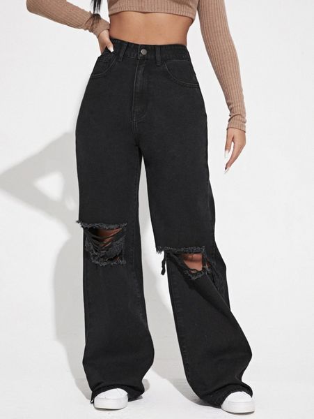 

high waist ripped frayed wide leg jeans b0tq#, Blue