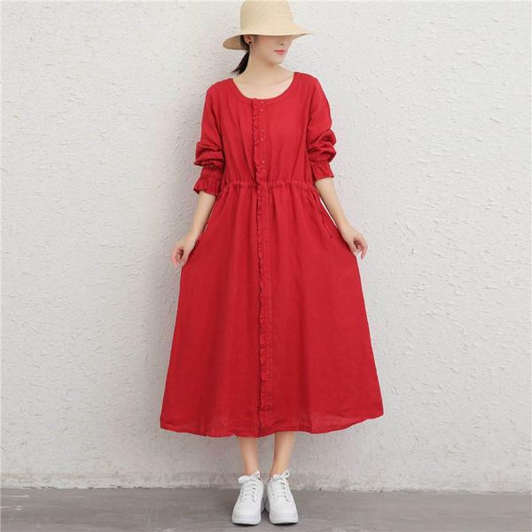 

fairynatural retro ladies linen loose dresses solid color o neck long sleeve single breasted tie women 2021 spring fall dress, Black;gray