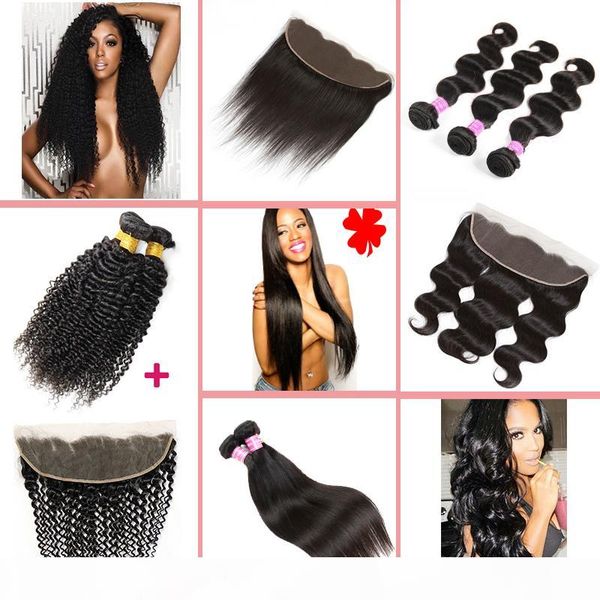 

8a brazilian hair bundles with frontal body wave,straight,kinky curly virgin hair human hair weaves and ear to ear lace frontal closure, Black;brown