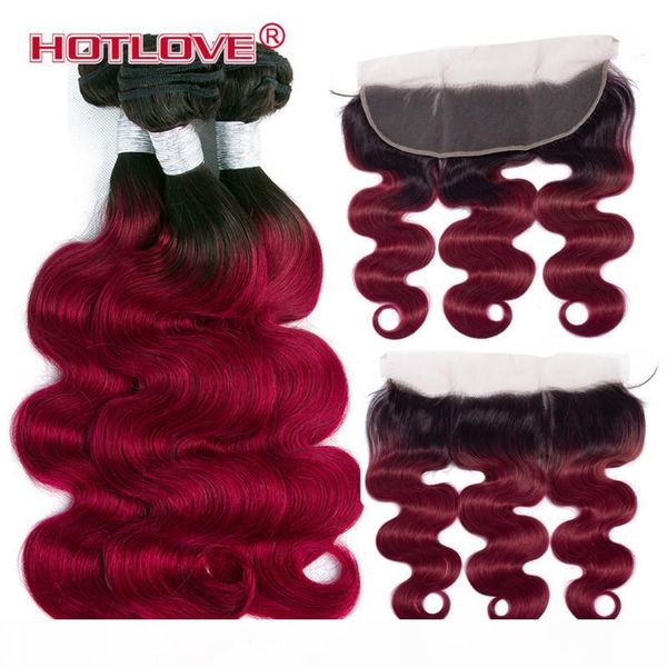 

malaysian ombre bundles with frontal closure 13*4 inch body wave human hair weaves 3 bundles with closure t1b 27 30 99j burgundy, Black;brown