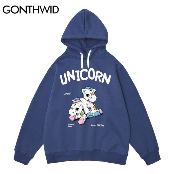 

unicorn horse print hooded hoodie streetwear hip hop sweatshirts casual men women harajuku street hipster pullover, Black