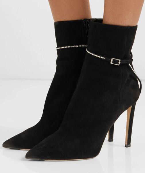 

elegant winter italy brand leille ankle boot luxury women's pointed toe suede leather boots crystal chain lady booties dress party eu35, Black