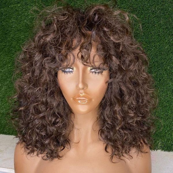 

chocolate brown natural curly lace front human hair wigs with baby hair 180density fringe 360 lace wigs with bangs remy, Black;brown