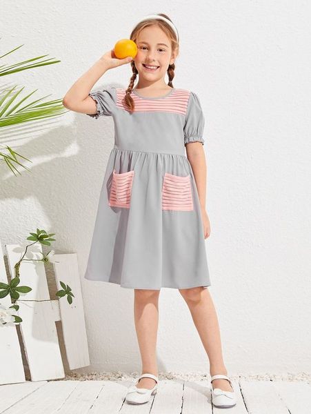 

girls patch pocket puff sleeve dress without pom she, Red;yellow