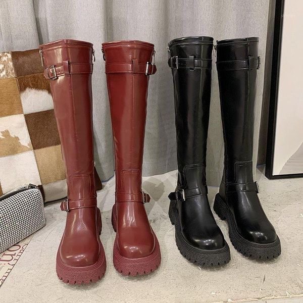 

boots fashion buckle platform knee high women patent leather chunky heels shoes woman waterproof long ladies1, Black