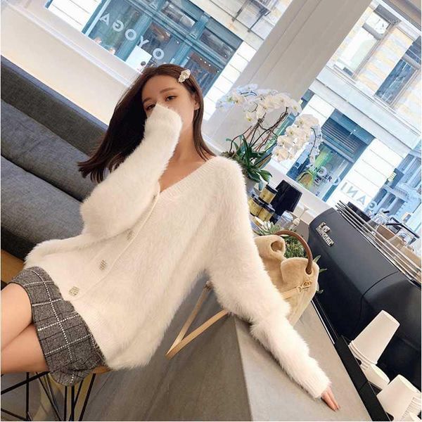 

mink cardigan sweater women wear large loose and lazy mohair v-neck knitting coat outside in autumn and winter1, White