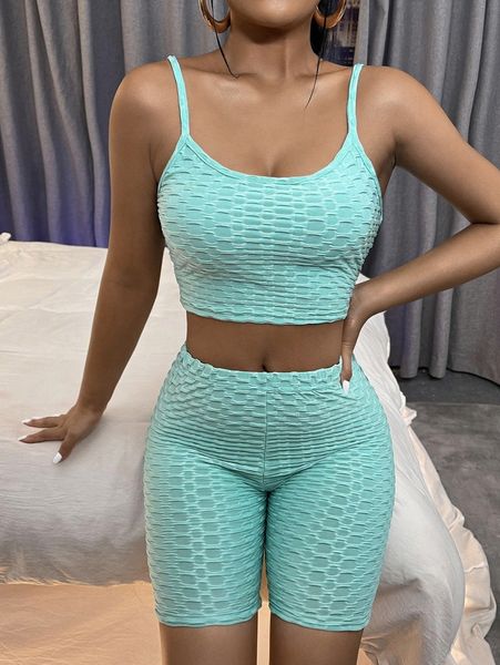 

solid crinkle cami & biker shorts set s788#, White