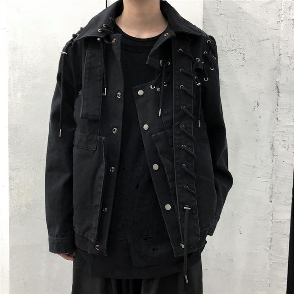 

2021 New Self-made Man Asymmetric Dark Heavy Design Decomposed Denim Jacket. FXVQ, Tan;black