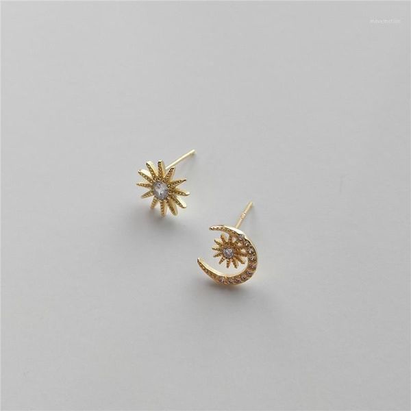 

ruiyi 925 sterling silver girls exquisite asymmetry stud earrings women super mini moon star geometric earrings niche jewelry1, Golden;silver