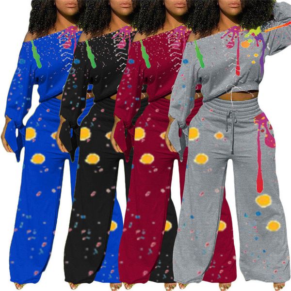 

women splash ink tracksuit graffiti streetwear wide legs pant outfit casual long sleeve off shoulder t-shirt trousers suit d102806, White