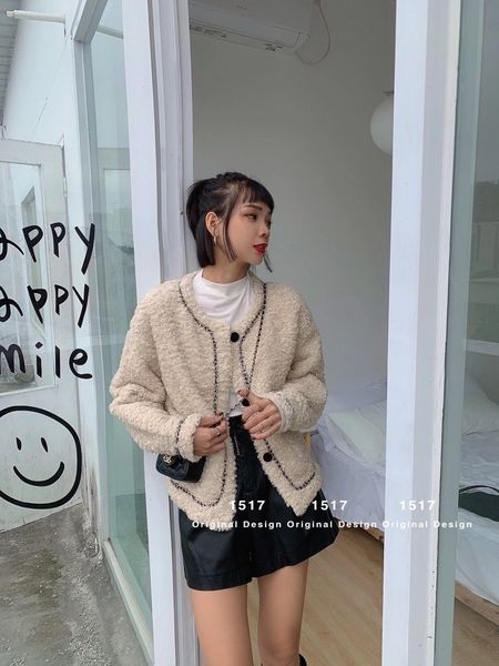 

20ss street luxury lamb cashmere jackets women faux fur double fleece feels comfortable lattice stitching jacket for women, Black