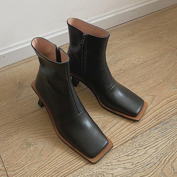 

2020 new winter genuine leather women boots unique design square head ankle boots fashion strange women shoes, Black
