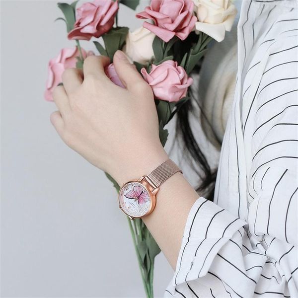 

qualities butterfly women fashion watches rhinestone ladies wristwatches gold steel mesh strap female quartz watch clock1, Slivery;brown
