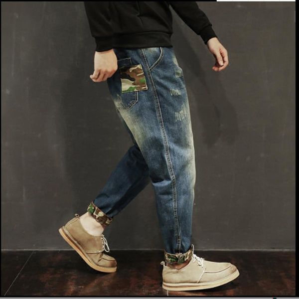 

autumn and winter new style men's fashion trend black denim mid waist thick fit leg korean harem plus size loose long jeans, Blue
