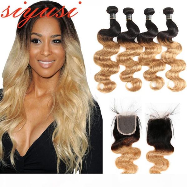 

3 4 bundle body wave with closure 1b 27 ombre honey blonde human hair weave with closure brazilian hair wave bundles with closure, Black;brown
