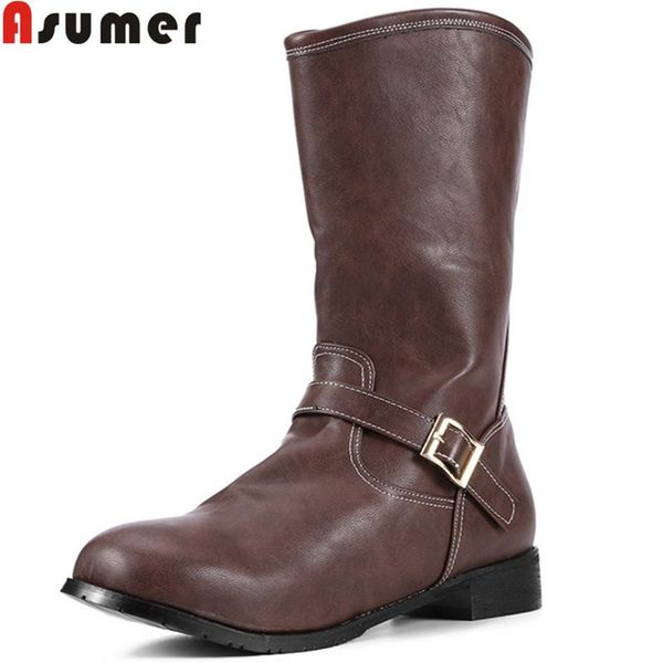 

asumer plus size 36-48 fashion mid calf boots round toe slip on autumn winter boots med heels shoes women 2020 new, Black