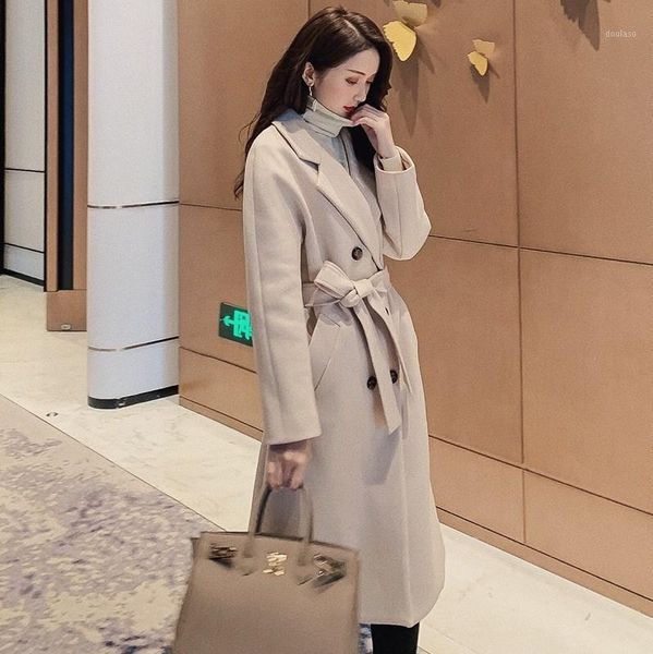 

autumn winter new women's casual wool blend trench coat double breasted long coat with belt db5681, Tan;black