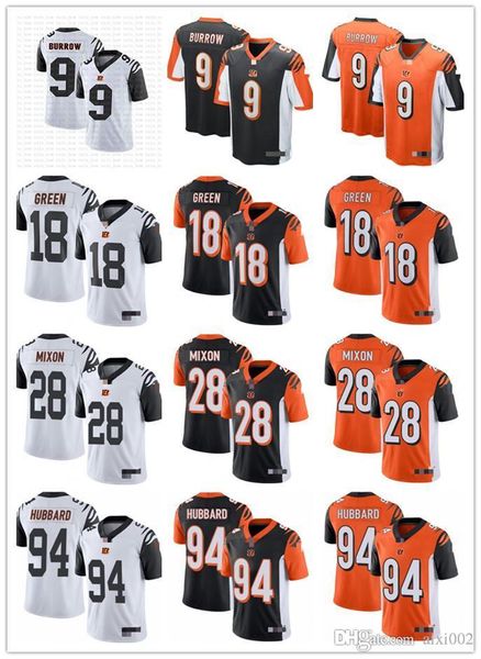 

mens womens youth cincinnati bengals 18 a.j. green 9 joe burrow 28 joe mixon 94 sam hubbard black orange custom football jerseys, Black;red
