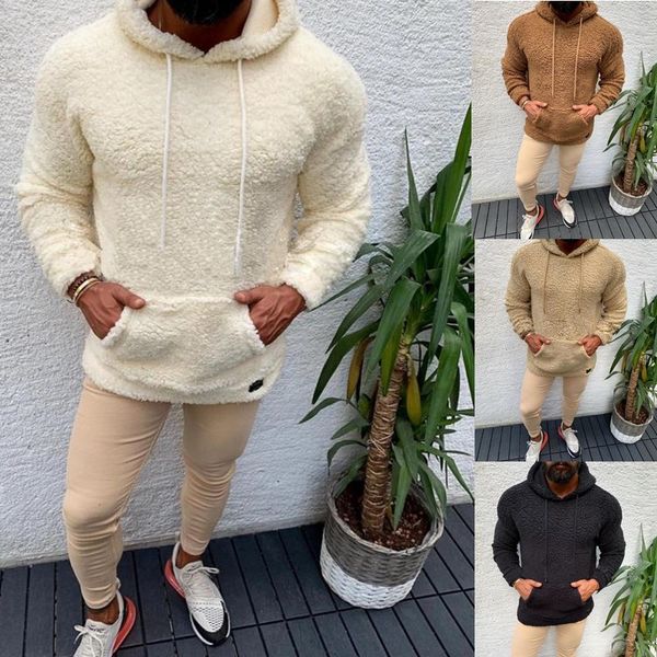 

Winter Hooded Sherpa Sweater Big Pocket Teddy Fleece Fluffy Pullovers Men's Plus Size Warm Fleece Tops Streetwear