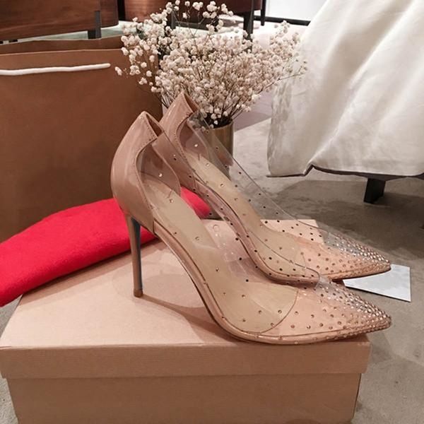 

high heels stilettos nude silver crystal pvc wedding shoes womens pumps see through pointed toe lady shoes 12cm 10cm 8c, Black
