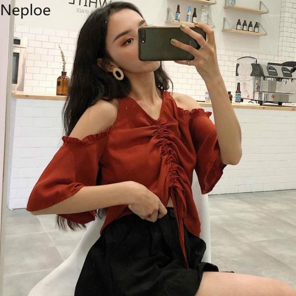 

neploe 2019 lace up blouse femme women chiffon blouse strapless v neck short sleeve blusas camisas femininas 382731, White