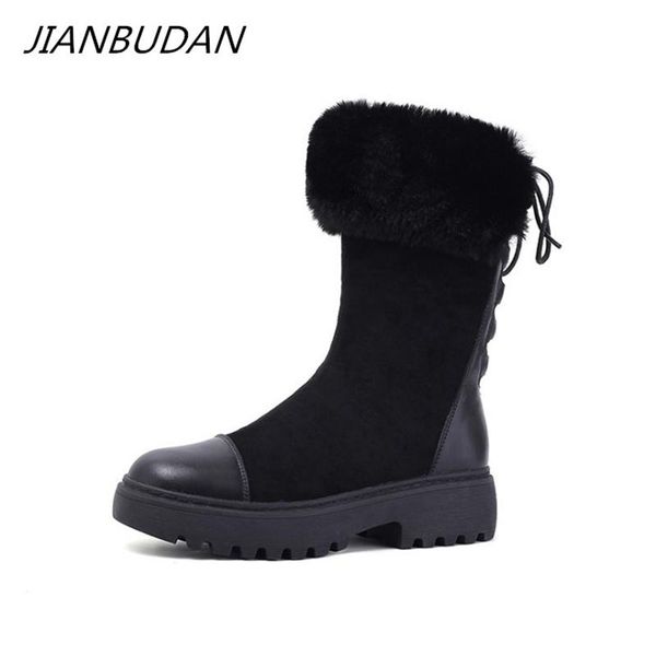 

jianbudan new fashion mid-calf snow boots women flock leather plush warm women's boots comfortable platform soft winter shoes, Black