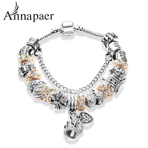 

charm bracelets annapaer selling crown & bangles for women gold crystal beads fit bracelet making diy jewelry gift b15325, Golden;silver