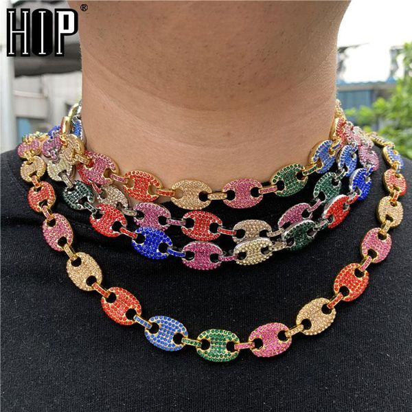 

chains hip hop 13mm iced out cz multi-colors coffee bean pig nose alloy rhinestone charm link chain bling necklaces for men jewelry, Silver