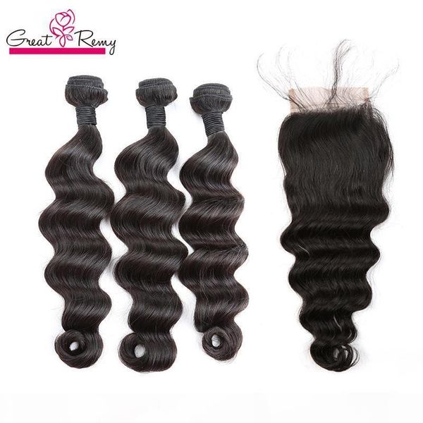 

greatremy brazilian hair weft with closure loose deep wave 3 way part 4x4 lace closure natural human virign hair bundles extensions, Black