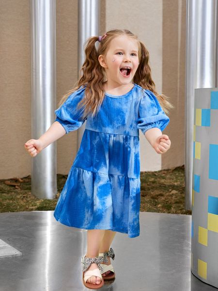 

toddler girls puff sleeve tie dye dress she, Red;yellow